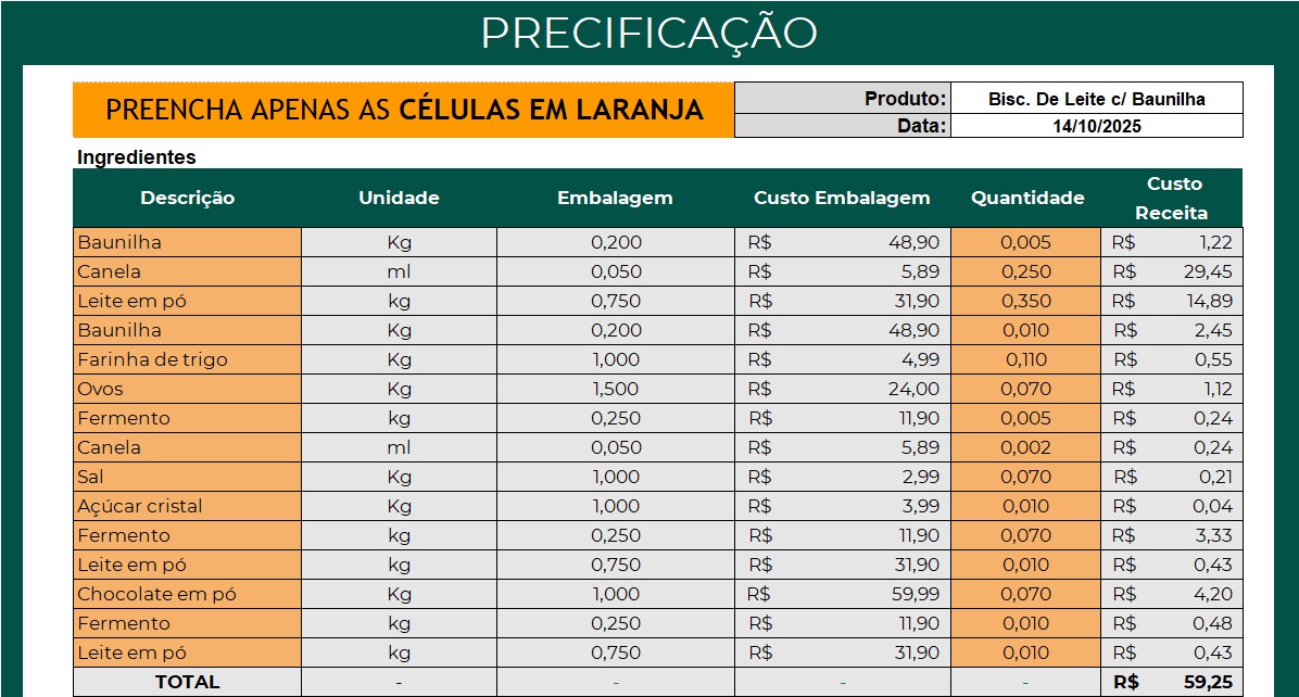 Planilha de Precificação - Cálculo de Custos